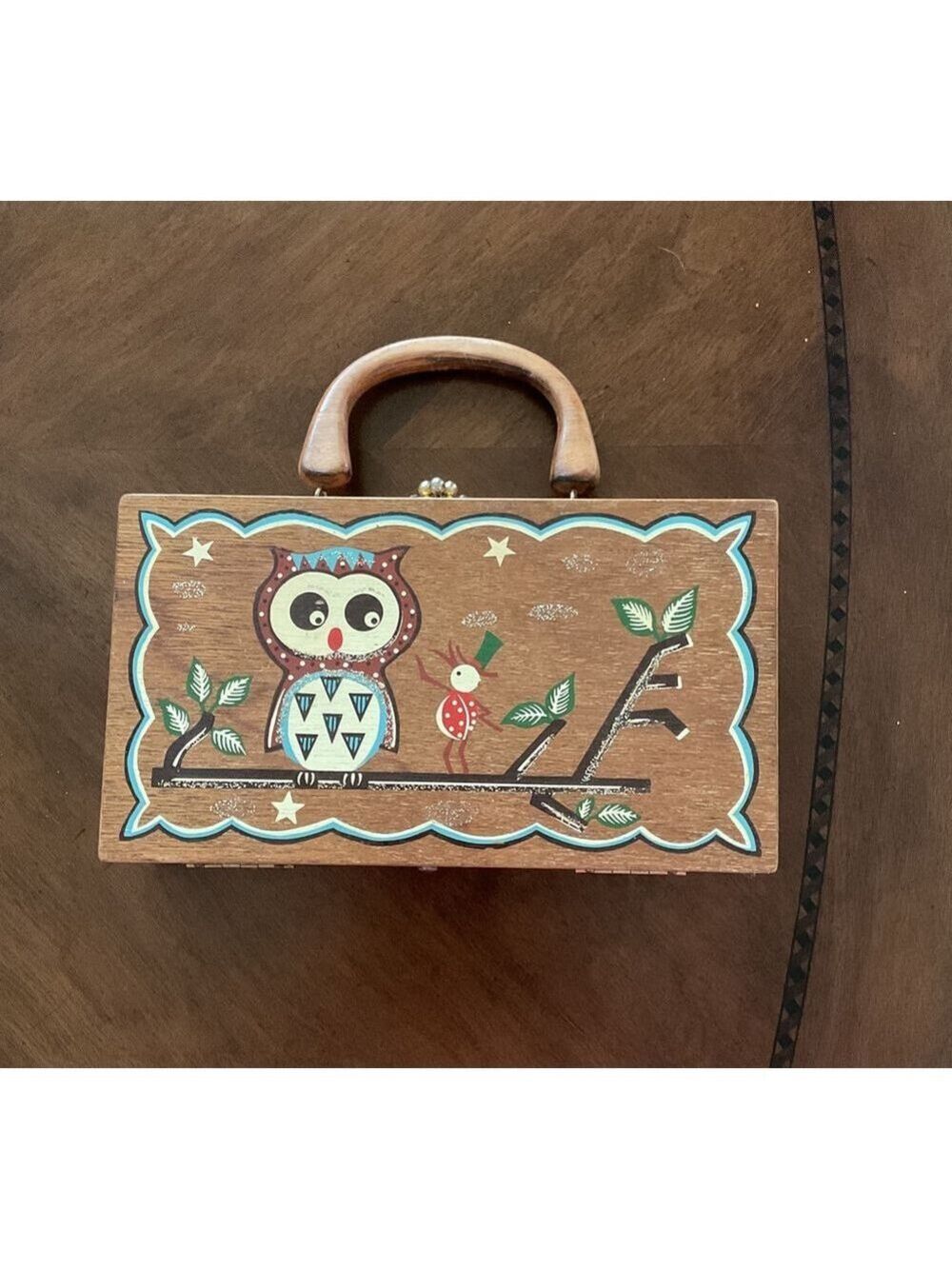 VTG Women's Bonnie Intl. One Size Brown Blue Owl Painted Wooden Box Satchel